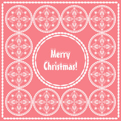 Greeting card. White painted embroidered snowflakes on a colored background. Merry Christmas! Winter holiday. Vector illustration for web design or print.