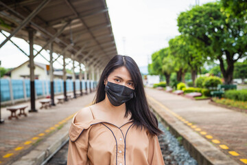 Fototapeta premium .Asian woman wearing a mask to prevent COVID-19 or COVID-19 concept