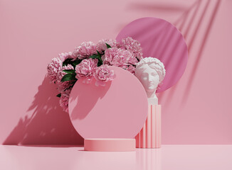 3D podium display, pastel pink background with flowers. White  Greek woman, stone statue. Round  pedestal stand. Cosmetic Product presentation. Peonies and palm leaf shadow. Nature, abstract 3D render © kopikoo