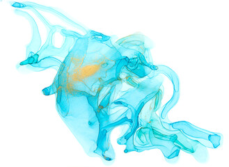 Blue watercolor figure with gold layers on white background. Abstract art illustration.