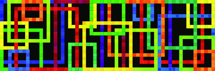 Vector banner of colorful mosaic. Multicolor square tiles on a black background. Print for wrapping, web backgrounds. Follow other mosaic patterns in my collections. 