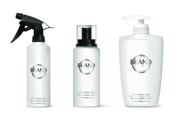 Collection of cosmetic bottles with dispensers isolated on white background. Plastic bottles for liquid soap, shampoo, shower gel, lotion, body milk. Vector illustration