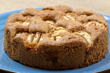 Frisch gebackener Apfelkuchen auf einem blauen Teller.