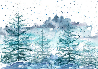 Watercolor art illustration. Drawing of the blue forest, pine tree, spruce, cedar. Dark, dense forest, suburban landscape. Postcard, logo, card, banner. Misty forest, haze. seamless linear background