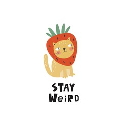Cute cartoon cat inl costume of fruit. Comic kawaii cat and strawberries, watermelon, lemon, pineapple vector print