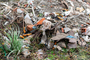Trash thrown away in nature, environmental problems. Nature disaster concept