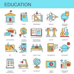 Education. Distance learning. Set of color, vector, linear, flat icons. Set of icons for the site. The set contains icons such as university, sports, books and other icons.