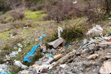 Trash thrown away in nature, environmental problems. Nature disaster concept