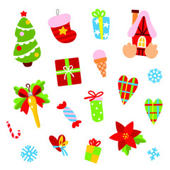 Set of Christmas elements. House, tree, gifts, decor. Christmas elements for stickers, cards, invitations, backgrounds, and more.