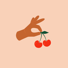 Hand holding cherry branch concept. Red cherry illustration for web and print design. Modern diversity vector illustration in cartoon flat style.