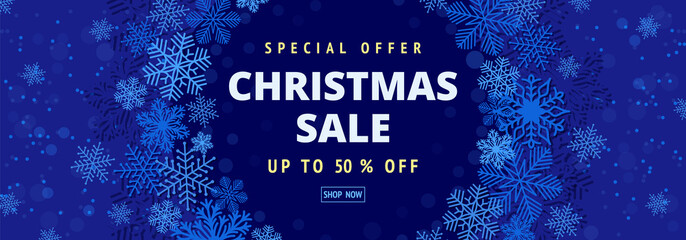 Christmas sale. Banner for 50% promotion Christmas discount. Frame with snowflakes. Winter vector  background.
