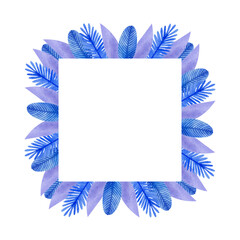 Obraz premium Watercolor winter frame with stylized blue leaves and pine twigs. For the design of postcards, invitations, posters and more.
