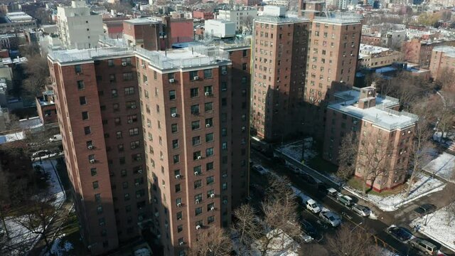flying backward and tilting up over housing projects in Gowanus Brooklyn