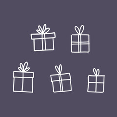 Hand drawn gifts collection. Present box with ribbons. Doodle illustrations. Christmas gift symbols.