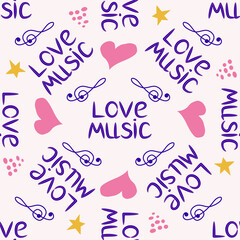 Love music seamless pattern with country guitar, music notes, treble clef, hearts, decorative elements.