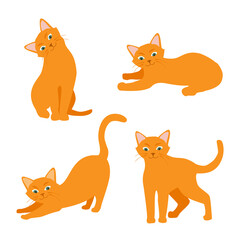 Cartoon cat set with different poses and emotions. Cat behavior and body language. Ginger kitty in simple style, isolated vector illustration.