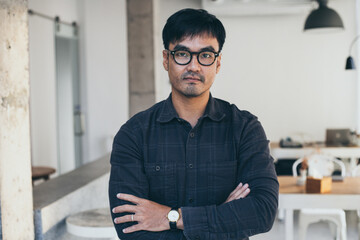 asian man portrait young male wear eye glasses smiling cheerful look thinking position happy with perfect clean skin posing on office background.fashion people life style concept