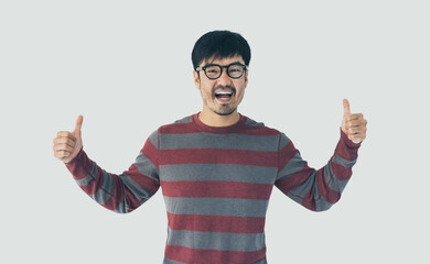 asian man portrait young male wear eye glasses smiling cheerful look thinking position happy with perfect clean skin posing on isolated white background.fashion people life style concept