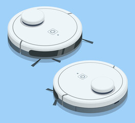 Isometric Robotic Vacuum Cleaner. Smart home. Robot vacuum cleaner communicates with the smartphone via wireless.