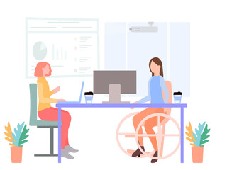 People with disabilities work in the firm, vector graphics