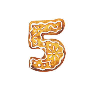 number five.5 in the form of a gingerbread.watercolor clipart isolated on a white background