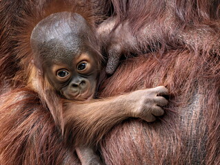 Baby Orangutan next to mothers teat.