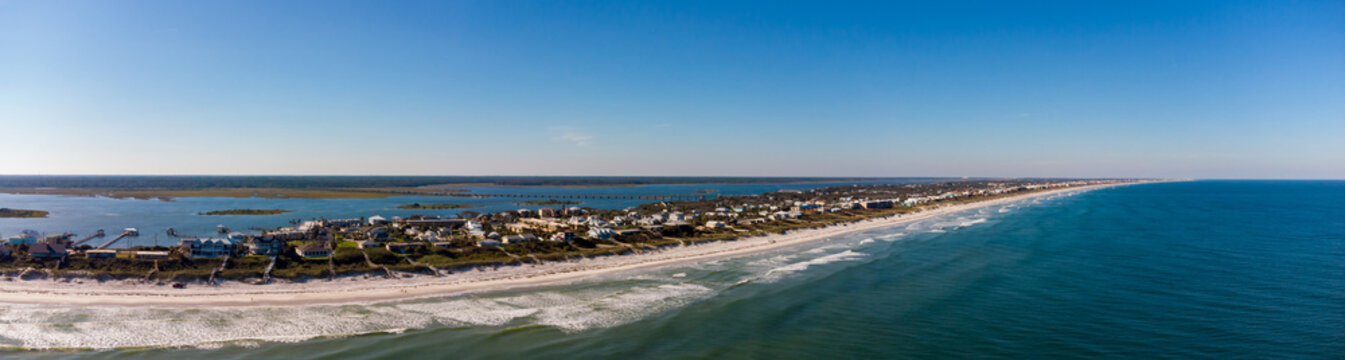 Aerial panorama Crescent Beach Florida coastline vacation homes