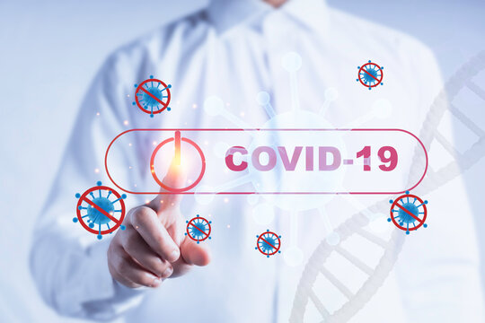 Hand press shutdown button on virtual screen covid-19