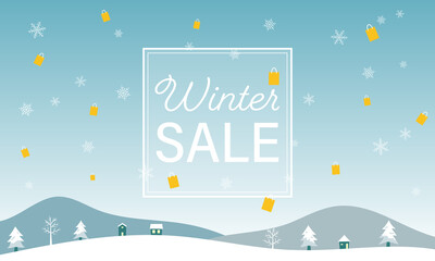 Sale and fair banner templates. Winter background material with vector illustrations of many snowflakes, shopping bags and houses