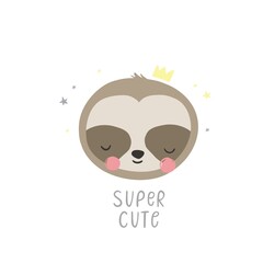 Cute cartoon sloth baby sleeping. Windy poster for Baby shower with a cute sleeping sloth character. A wonderful print for the decor of a children's bedroom.
