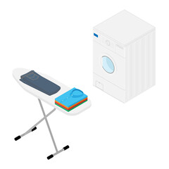 Laundry concept washing machine and blue jeans and stack of color shirts clothing on ironing board
