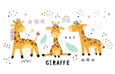 Funny cute scandinavian giraffe cartoon style. Vector print with giraffe. Printable templates. vector print. Perfect for kids apparel, poster, baby shower card. Vector illustration - 401007218