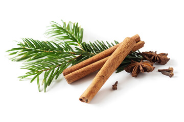spices for mulled wine isolated on a white background with a green Christmas tree branch and a burning garland of warm yellow color.