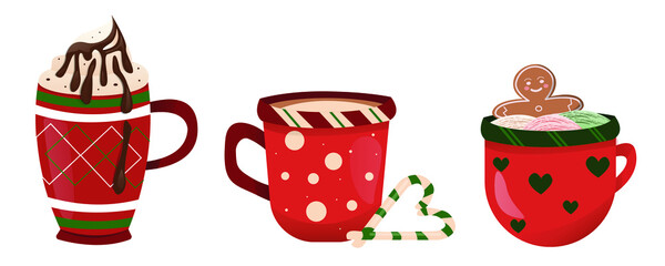 Christmas red mugs of coffee. Set of winter holiday christmas cup with hot drink. Cocoa with marshmallows, winter warming drinks and a cup of hot espresso. Vector illustration