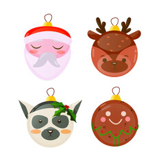 Christmas balls characters. Festive Christmas decoration for Santa Claus, deer, ginger biscuits. Colorful Christmas balls on a white background. Vector illustration
