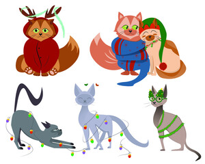Christmas cats in garlands and with christmas elements. Character couple cat for New Year and ChristmasVector illustration