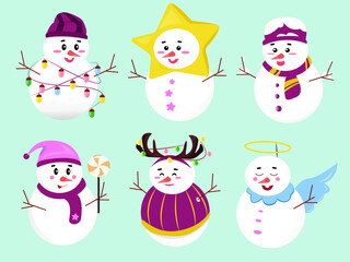 Collection of hand drawn snowman. Cute winter christmas snowmen flat style. Funny bigfoot in hat, scarf and collection with deer rogaby with garland on blue background. Vector illustration
