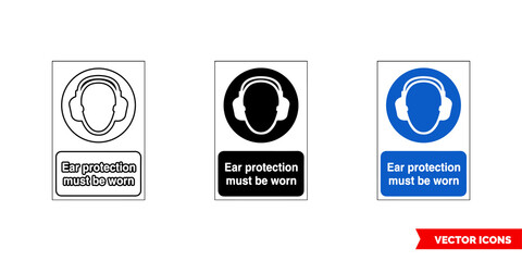Mandatory signs ear protection must be worn icon of 3 types color, black and white, outline. Isolated vector sign symbol.