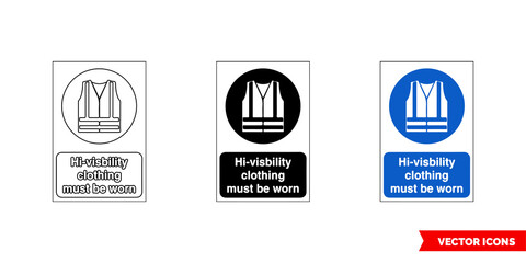 Mandatory signs hi-visbility clothing must be worn icon of 3 types color, black and white, outline. Isolated vector sign symbol.