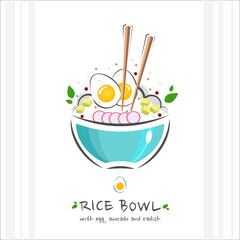 Rice bowl with egg, avocado and radish. Healthy food design template. Illustration with chopstick and poke bowl with rice