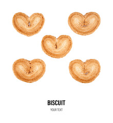 Puff pastry cookies. Fresh puff pastry cookies in the shape of a heart. Classic French pastries. Pig ear, elephant ear cookies, French hearts. Heart shaped puff pastry isolated on white background