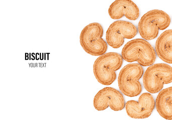 Puff pastry cookies. Fresh puff pastry cookies in the shape of a heart. Classic French pastries. Pig ear, elephant ear cookies, French hearts. Heart shaped puff pastry isolated on white background