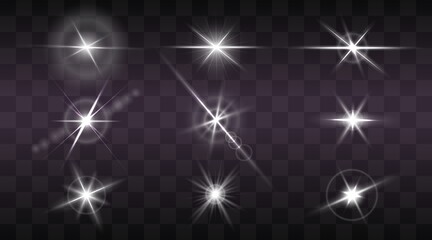 Set of flashes, star burst and sparkles on transparent background. golden glowing effect with light rays. Vector illustration.