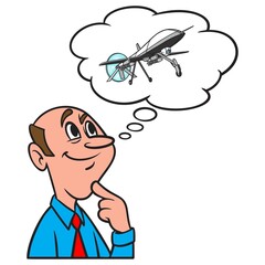 Thinking about a Drone - A cartoon illustration of a man thinking about a new Drone.