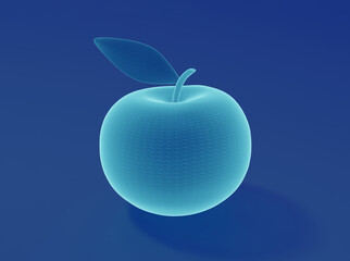 Mesh high tech apple on blue background, digital apple, 3d render