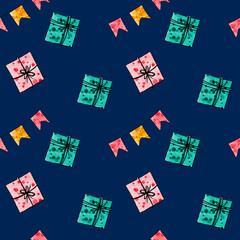 Watercolor seamless pattern with christmas gifts on blue background 
