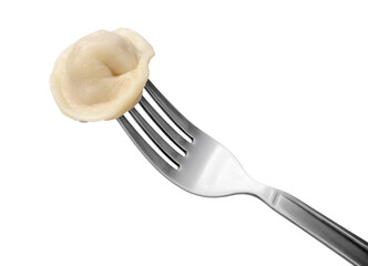 Boiled appetizing ravioli (or dumplings) on fork isolated on white background.