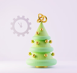 Low Poly Christmas Tree with golden xmas decorations, the clock strikes twelve, 3d render