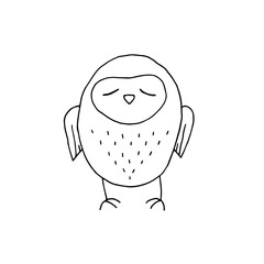 Fototapeta premium Owl with closed eyes. Fatigue. Sleep. Disease. Sadness. Vector hand-drawn doodle illustration. Black and white outline