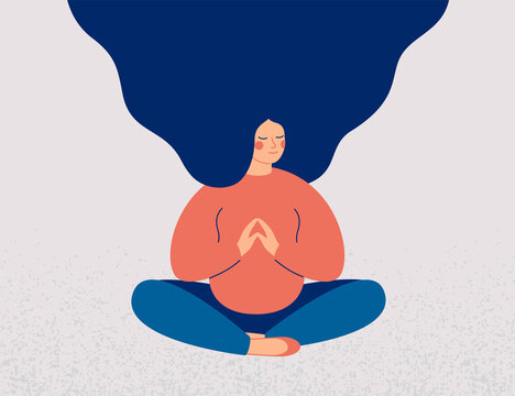 Pregnant woman sits cross-legged on the floor and meditates with closed eyes. Girl makes morning yoga, relaxes at home or breathing exercises. Body positive and health care concept. Vector 
